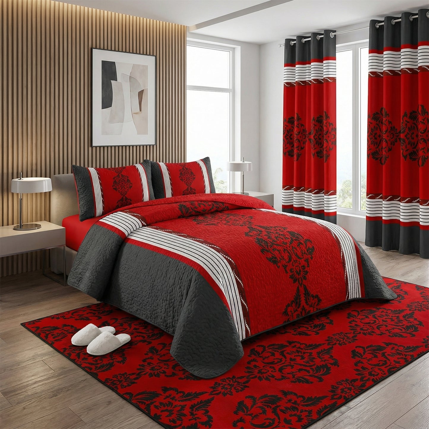Ensemble de literie Queen Size multi-pièces avec rideaux assortis – Collection Luxe Rouge et Noir