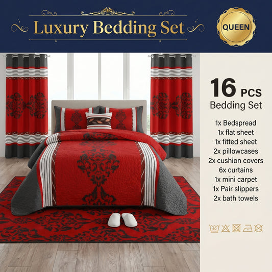 Ensemble de literie Queen Size multi-pièces avec rideaux assortis – Collection Luxe Rouge et Noir