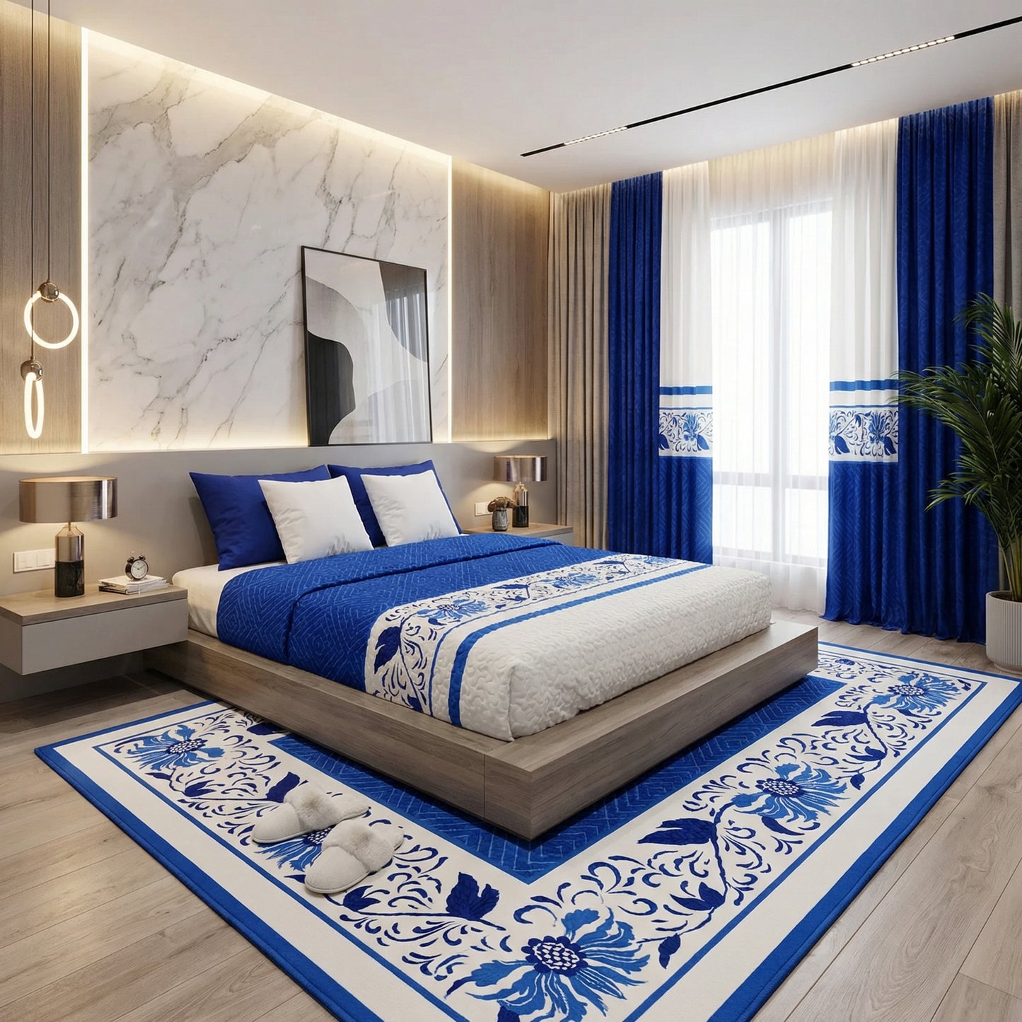 Multi-Piece Queen Size Bedding Set with Matching Curtains – Royal Blue Classic Luxury Collection