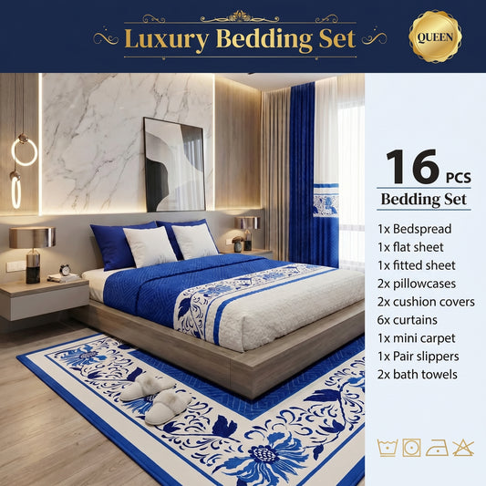 Ensemble de literie Queen multi-pièces avec rideaux assortis – Collection luxueuse classique bleu royal