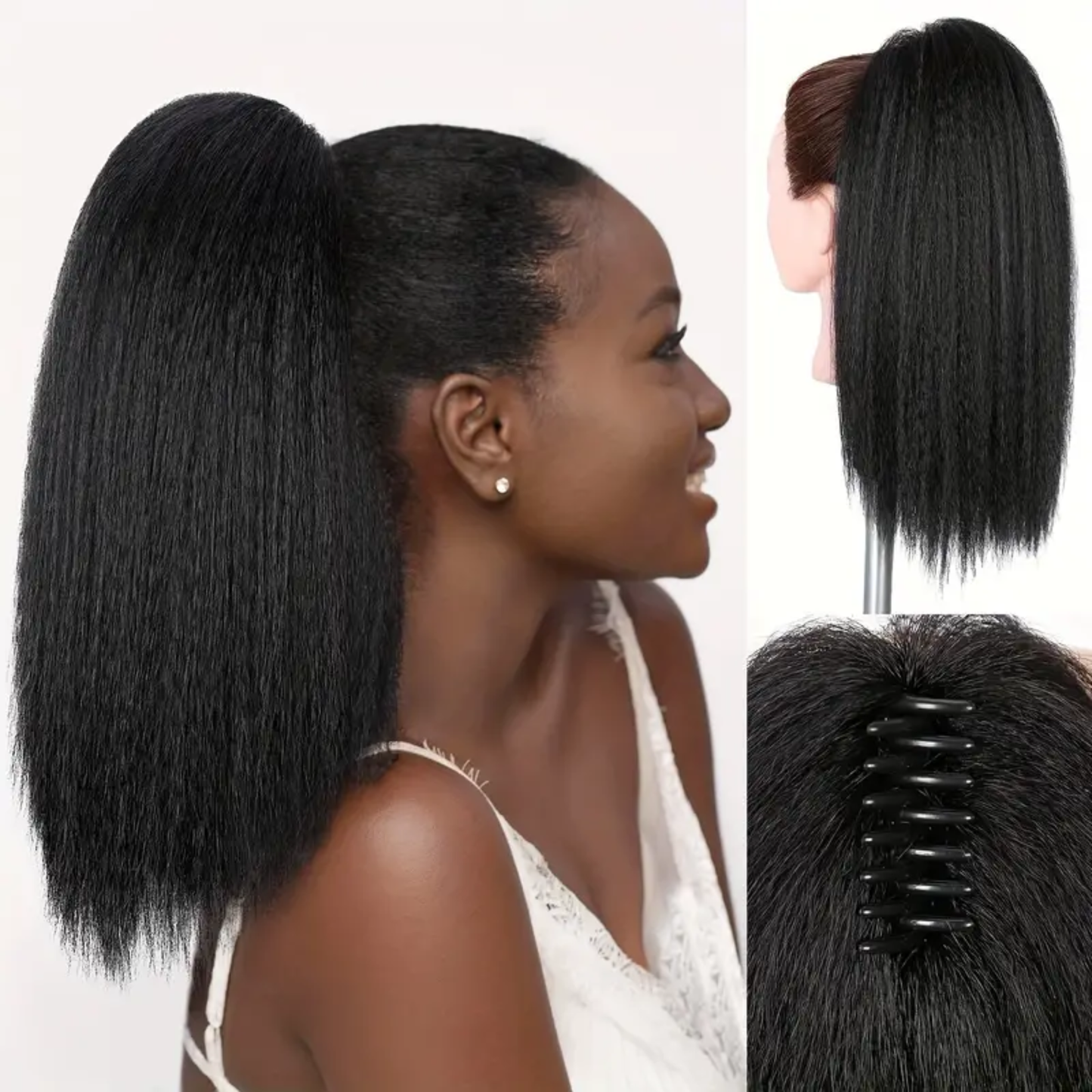 16 inch Natural Black Kinky Straight Ponytail Hair Extensions w/ Claw Clip