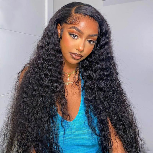 Perruque en Cheveux Humains Water Wave Noir Naturel – Longue 30″, Lace Front 13×4, Haute Densité