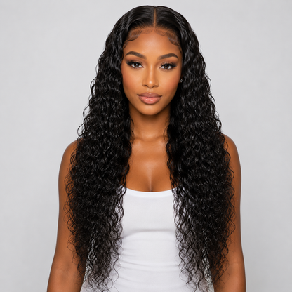 Woman with long, wavy black hair wearing a white top against a gray background