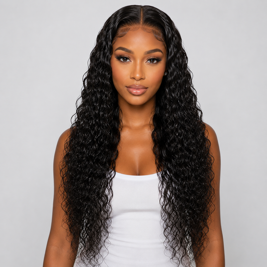 Natural Black Water Wave Human Hair Wig – Long 30″, 13×4 Lace Front, High Density