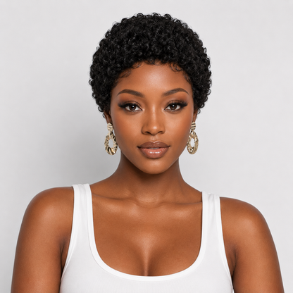Non-Lace Human Hair Afro Kinky Curly Pixie Wig – 4 Inch Short Natural Style, 150% Density
