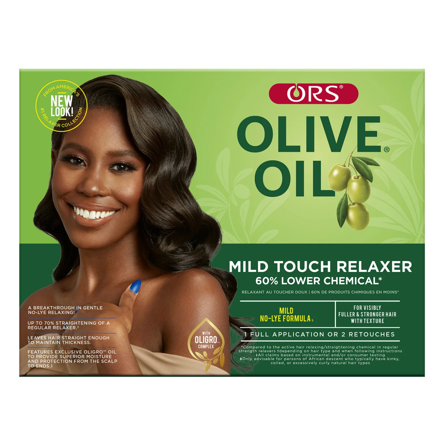 ORS Olive Oil Mild Touch Relaxer packaging with a model and green background