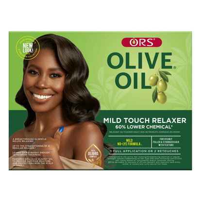 ORS Olive Oil Mild Touch Relaxer packaging with a model and green background