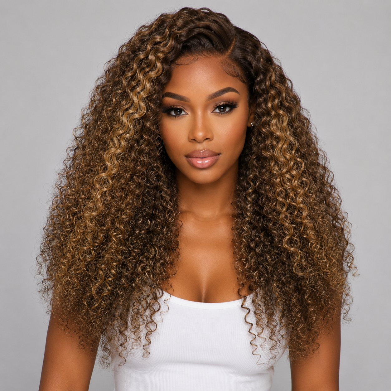 Premium 24 Inch Kinky Curly Human Hair Wig with 13x4 HD Lace Front and #4/27 Honey Blonde Highlights