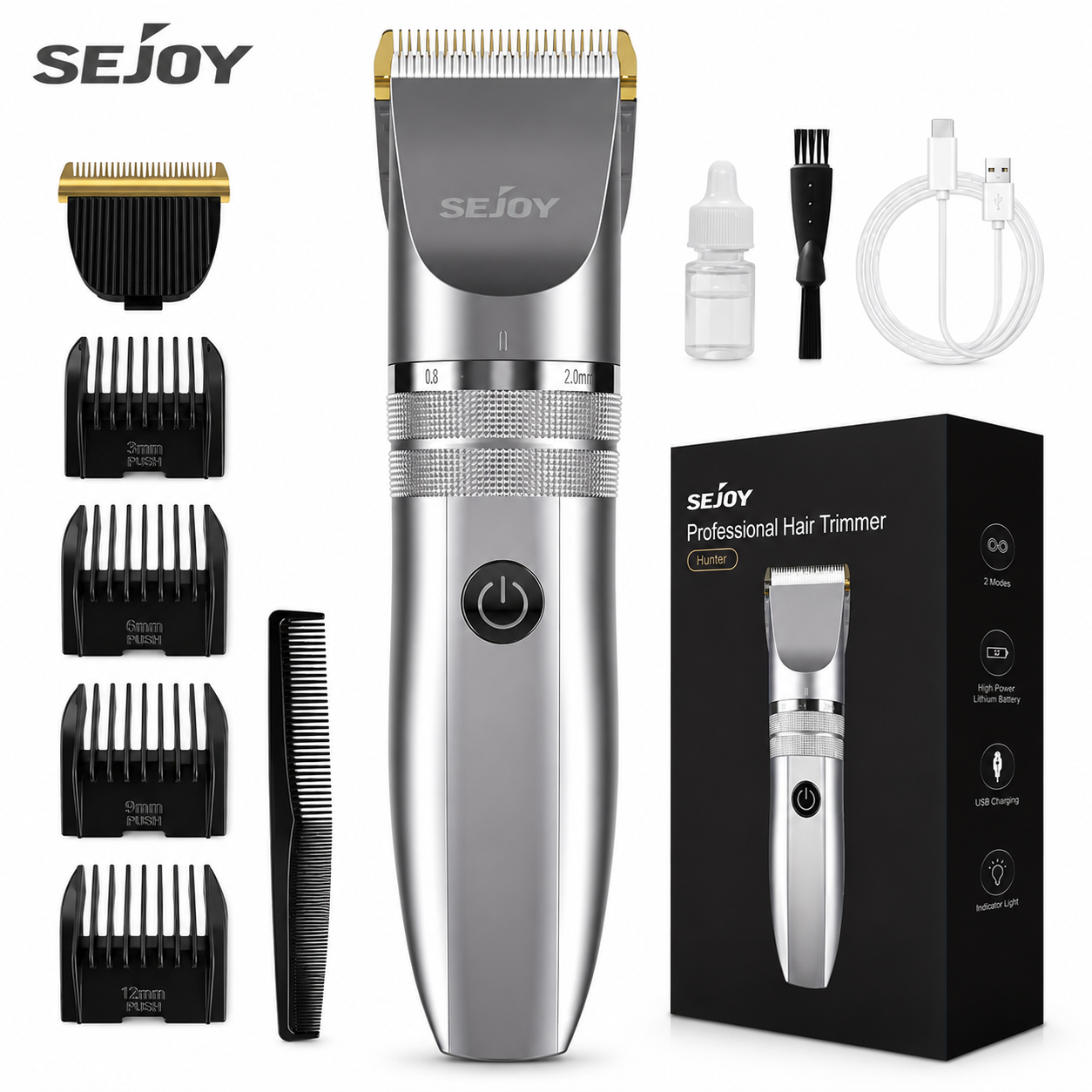 SEJOY professional hair trimmer cordless USB rechargeable hair clipper with guide combs for haircuts beard trimming and grooming