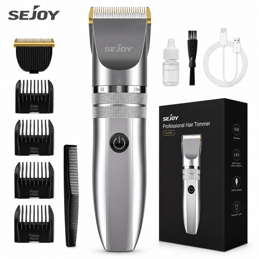 SEJOY professional hair trimmer cordless USB rechargeable hair clipper with guide combs for haircuts beard trimming and grooming