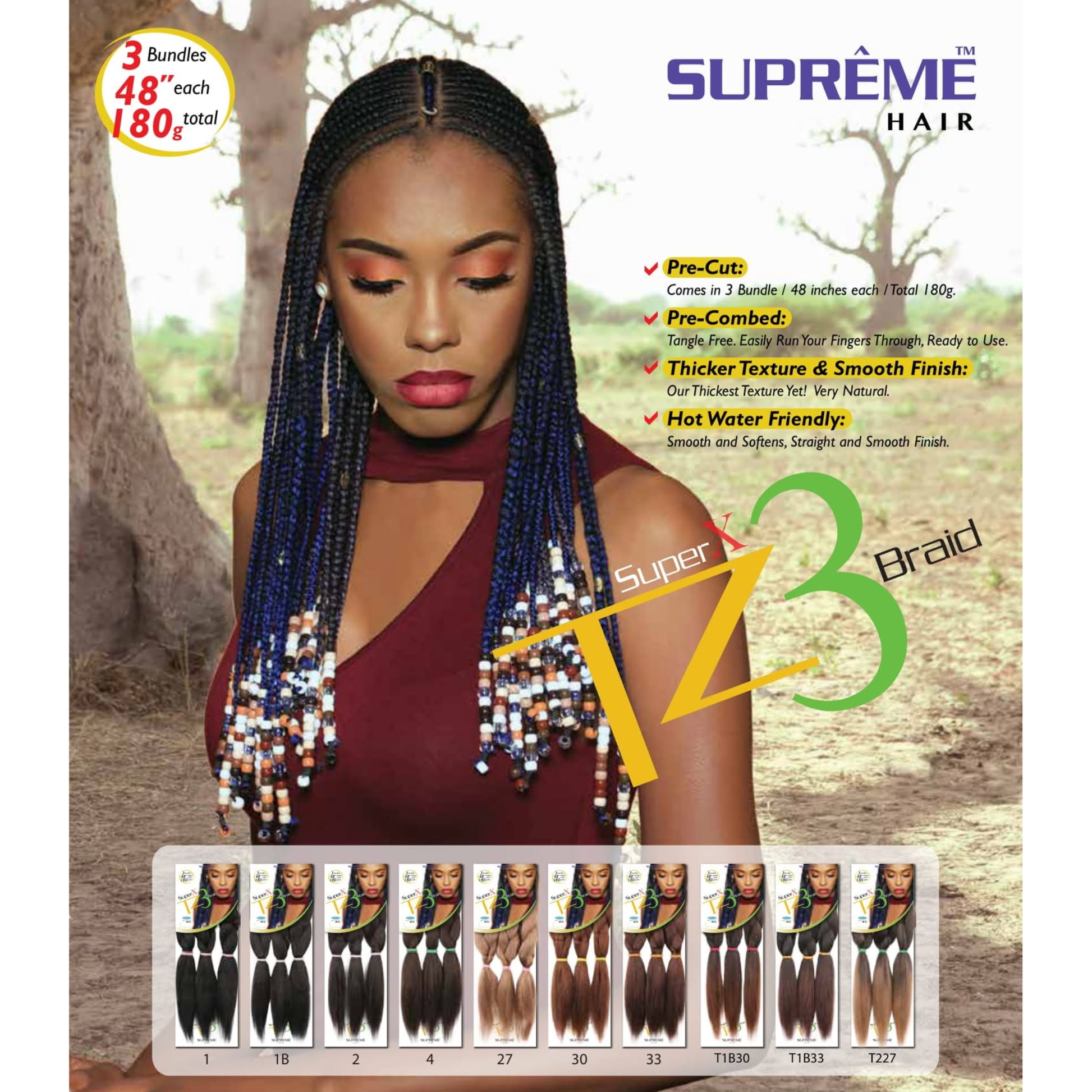 SUPRÊME Hair Super X TZ3 Braid 48 inch pre-cut and pre-combed braiding hair with smooth texture for box braids, knotless braids, and protective hairstyles