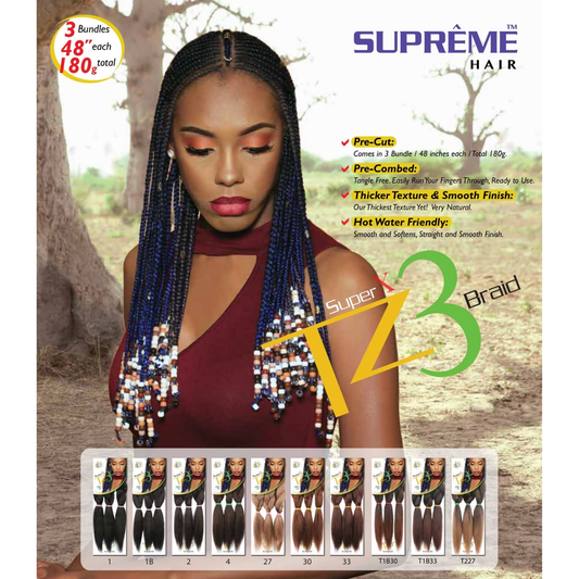 SUPRÊME Hair Super X TZ3 Braid 48 inch pre-cut and pre-combed braiding hair with smooth texture for box braids, knotless braids, and protective hairstyles