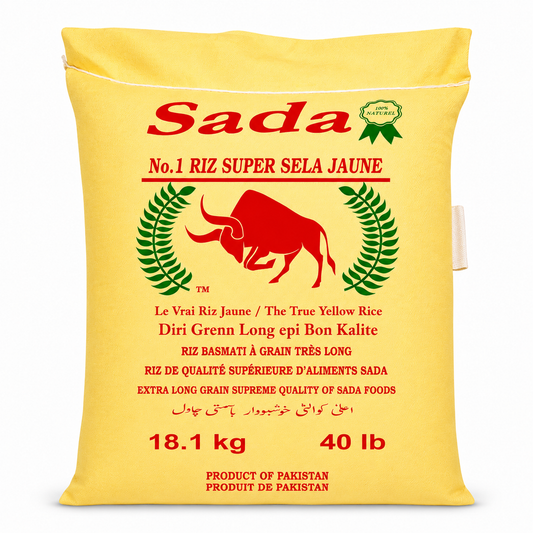 Sada No.1 Super Sela Yellow Basmati Rice 40 lb premium extra long grain aromatic rice from Pakistan for Haitian Caribbean and international cuisine