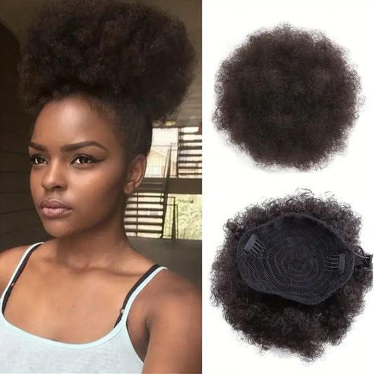 Short African Curly Synthetic Hair Bun Drawstring Ponytail Extension (Brown)