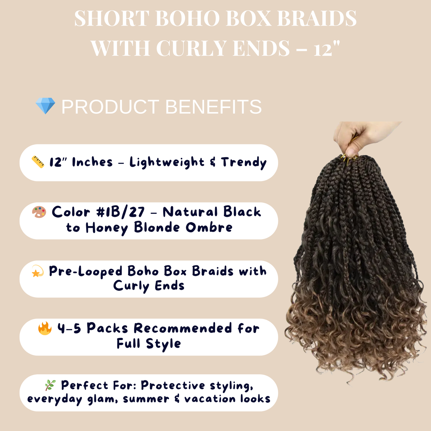 Short Boho Box Braids with Curly Ends – 12 Inch Pre-Looped Crochet Hair
