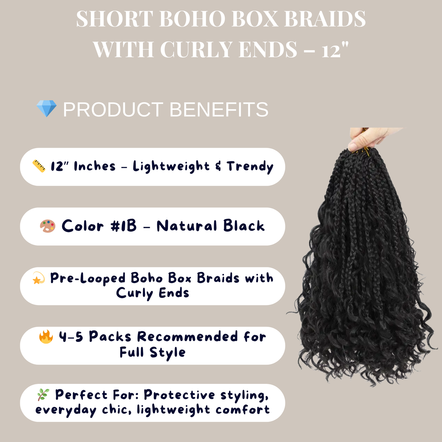 Short Boho Box Braids with Curly Ends – 12 Inch Pre-Looped Crochet Hair