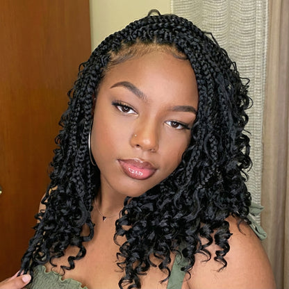 Short Boho Box Braids with Curly Ends – 12 Inch Pre-Looped Crochet Hair