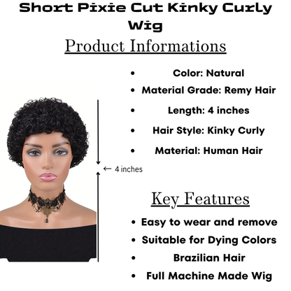 Short Pixie Cut Kinky Curly Human Hair Wig -  150% Density