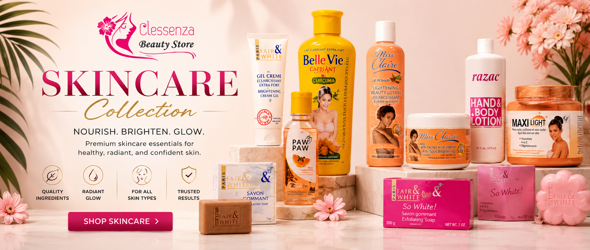 Collection of skincare products with visible branding on a light background