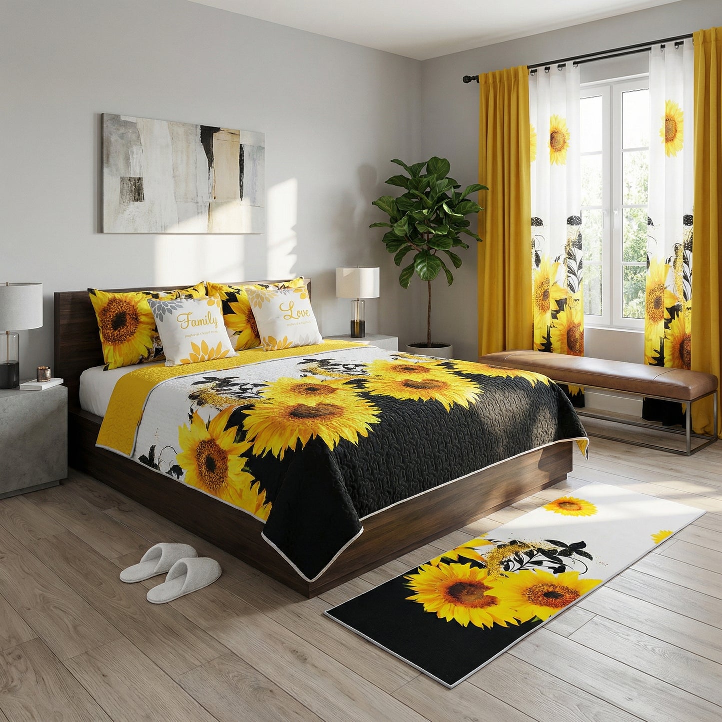 Sunflower Floral Multi-Piece Queen Size Bedding Set with Matching Curtains – Golden Yellow Luxury Collection