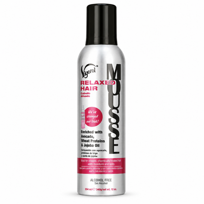 Vigorol Relaxed Hair Mousse 12 oz alcohol-free styling foam enriched with avocado, wheat proteins, and jojoba oil for smooth wraps, roller sets, and flexible hold