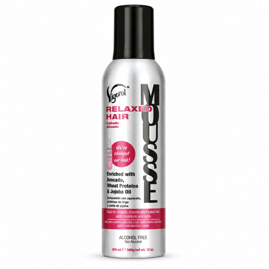 Vigorol Relaxed Hair Mousse 12 oz alcohol-free styling foam enriched with avocado, wheat proteins, and jojoba oil for smooth wraps, roller sets, and flexible hold