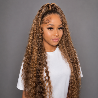 Water Wave 13x4 HD Lace Front Human Hair Wig 24″ – #4/27 Highlight, 180% Density Clessenza Beauty Store