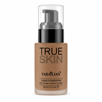 True Skin full coverage liquid foundation with pump dispenser and natural soft-matte finish, available in Mocha #03, Honey #04, and Truffle #05 shades for medium to deep skin tones.
