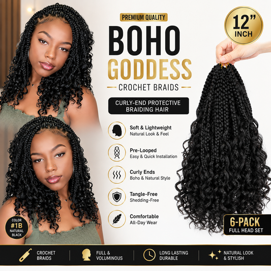 Boho Goddess Crochet Braids 12″ – Curly-End Protective Braiding Hair, #1B | 6-Pack Full Head Set Clessenza Beauty Store