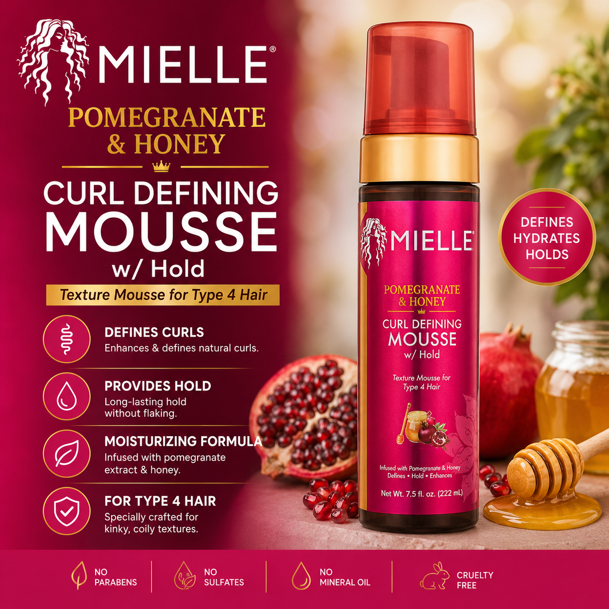 Mielle – Pomegranate & Honey Curl Defining Mousse with Hold, 7.5 fl oz