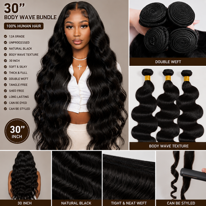 Extension de Cheveux Humains Non Traités Grade 12A – Tissage Body Wave 30 po (Lot de 3 Paquets)