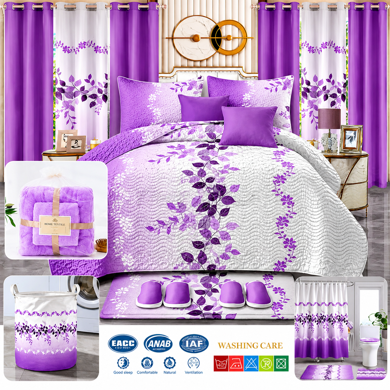 24-Piece King Size Luxury Bedding Set with Curtains & Bathroom Accessories – Purple Floral Design Clessenza Beauty Store