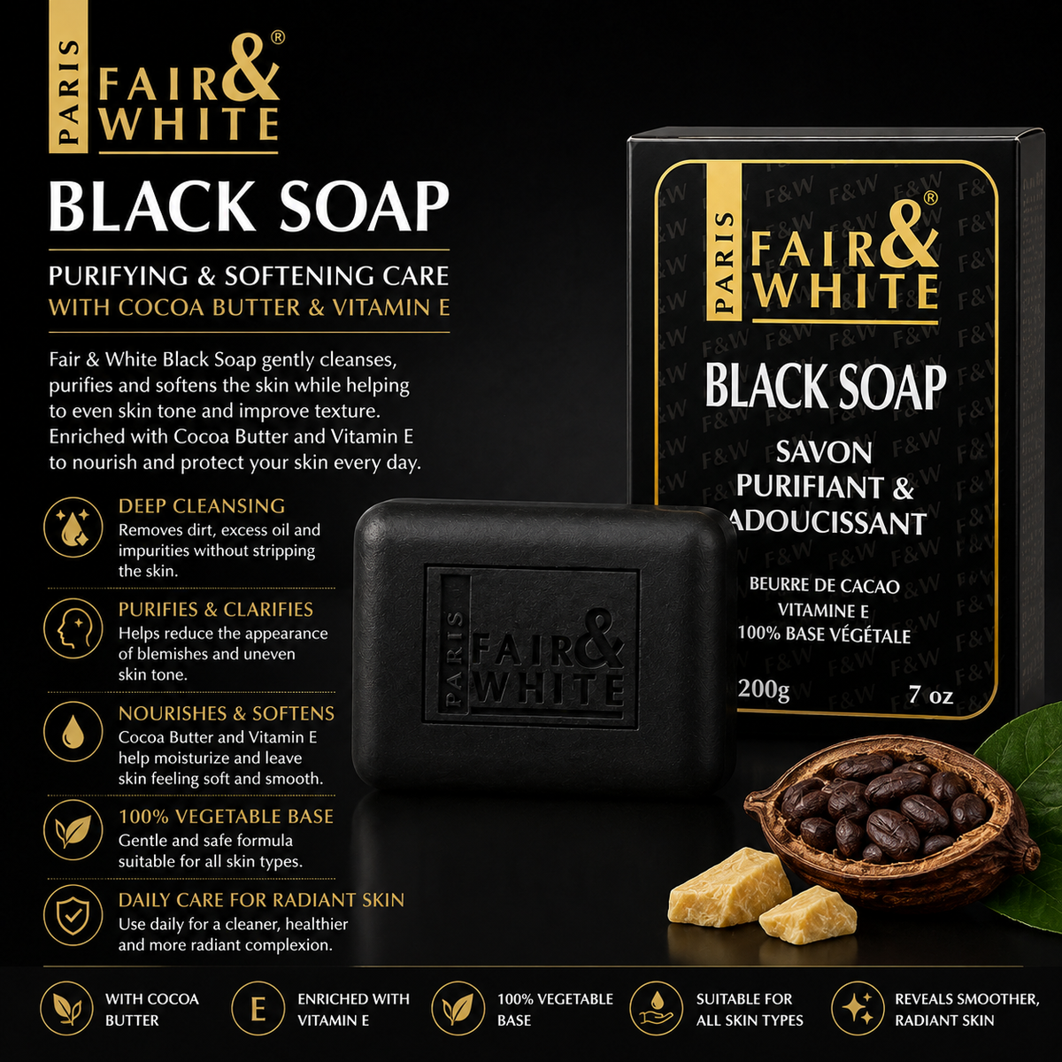 Fair & White Paris – Original Purifying Black Soap with Cocoa Butter & Vitamin E, 200g Fair & White Paris