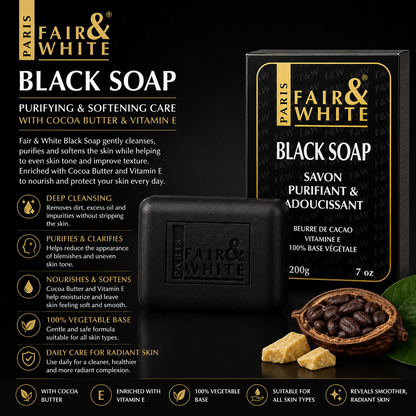 Fair & White Paris – Original Purifying Black Soap with Cocoa Butter & Vitamin E, 200g Fair & White Paris