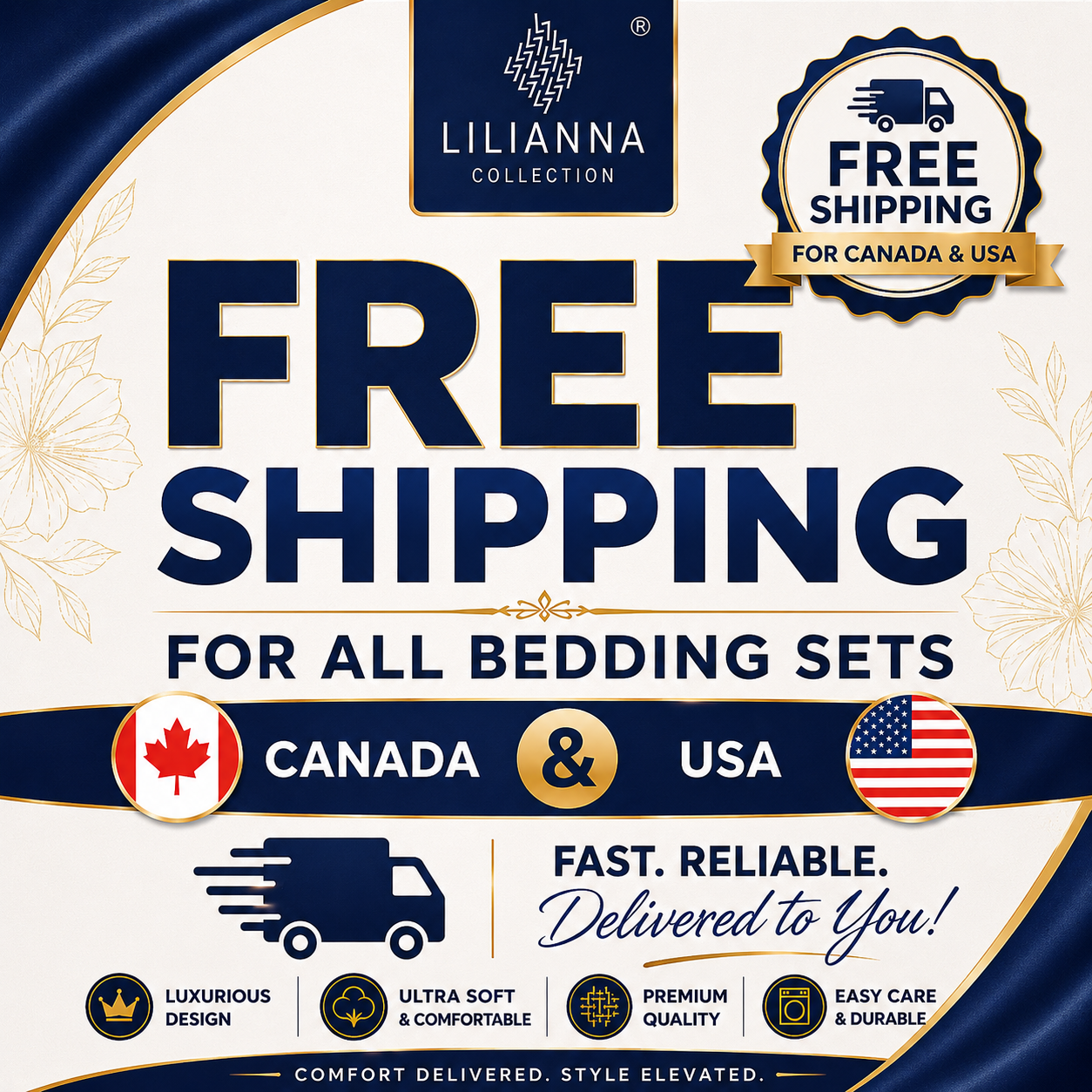 Advertisement for Lilianna Collection bedding sets with free shipping for Canada and USA, featuring brand logo and promotional text.