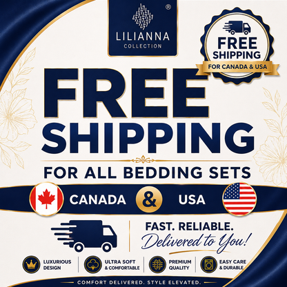 Advertisement for Lilianna Collection bedding sets with free shipping for Canada and USA, featuring brand logo and promotional text.