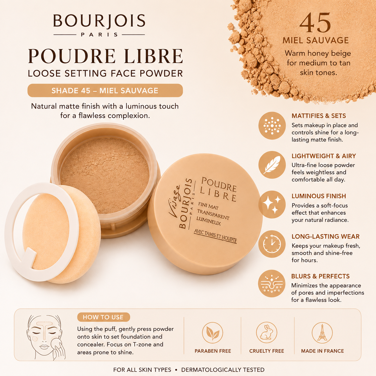 Bourjois Poudre Libre Loose Setting Face Powder – Shade 45 Miel Sauvage Bourjois Paris