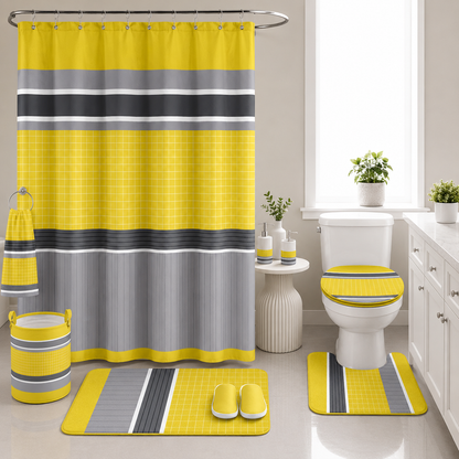 24-Piece King Size Yellow & Grey Luxury Bedding Set with Curtains & Bathroom Accessories