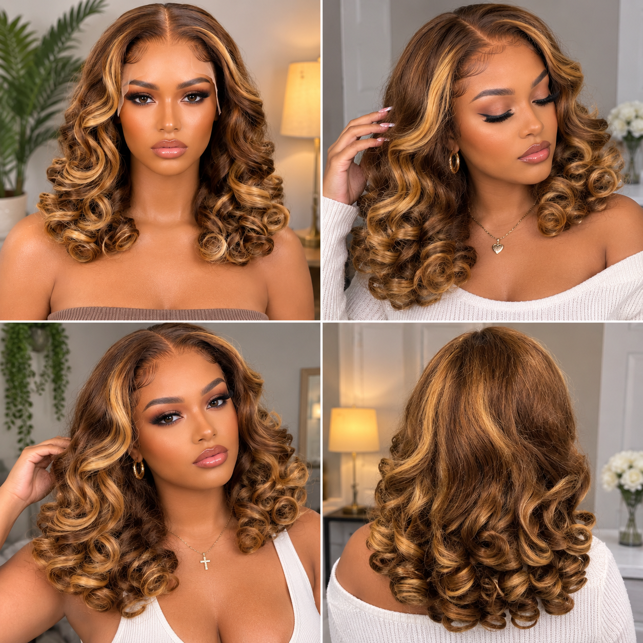 13×4 Lace Front Human Hair Wig – 16″ Bouncy Curly – #4/27 Brown & Blonde – 150% Density Clessenza Beauty Store