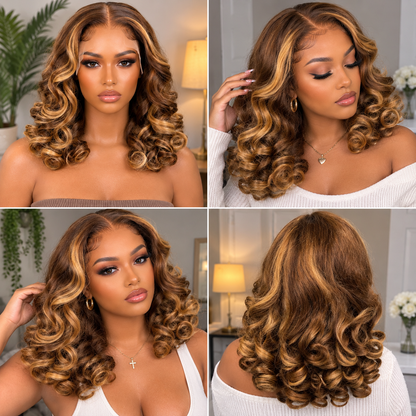 13×4 Lace Front Human Hair Wig – 16″ Bouncy Curly – #4/27 Brown & Blonde – 150% Density Clessenza Beauty Store