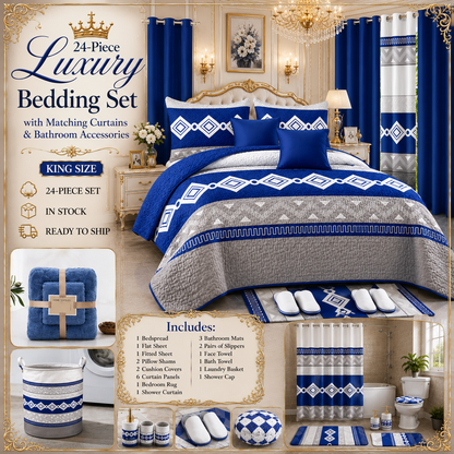 24-Piece Luxury Bedding Set with Matching Curtains & Bathroom Accessories – Royal Blue Geometric Elegance Clessenza Beauty Store