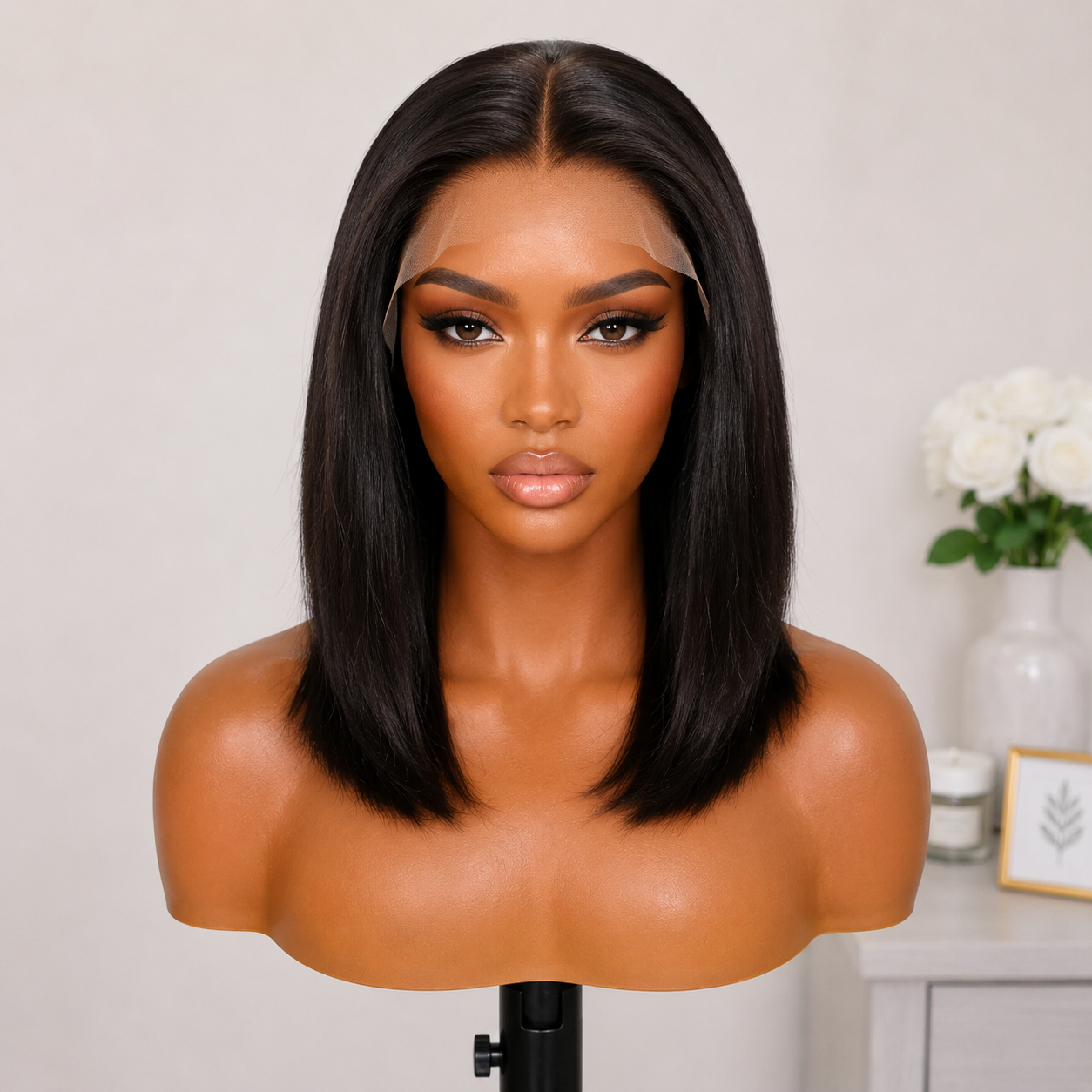 13×4 Lace Front Human Hair Bob Wig – 12″ Straight – Natural Black – 150% Density Clessenza Beauty Store