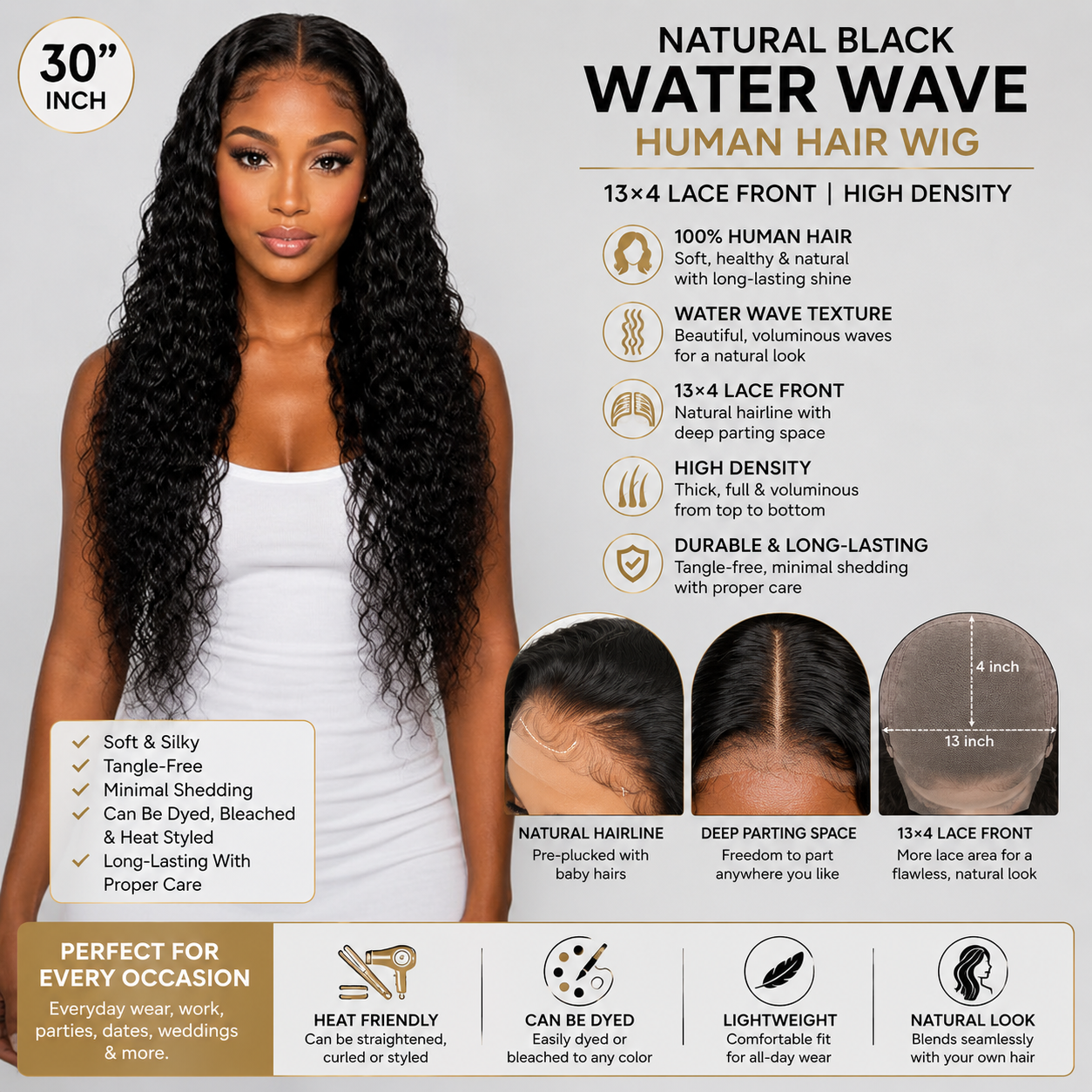 Advertisement for a natural black water wave human hair wig with product details.