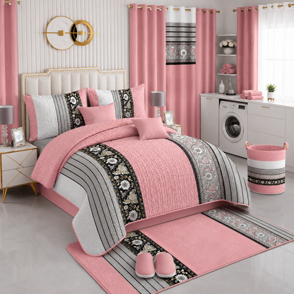 Ensemble de literie King 24 pièces avec rideaux assortis – Collection luxueuse ornée rose poudré