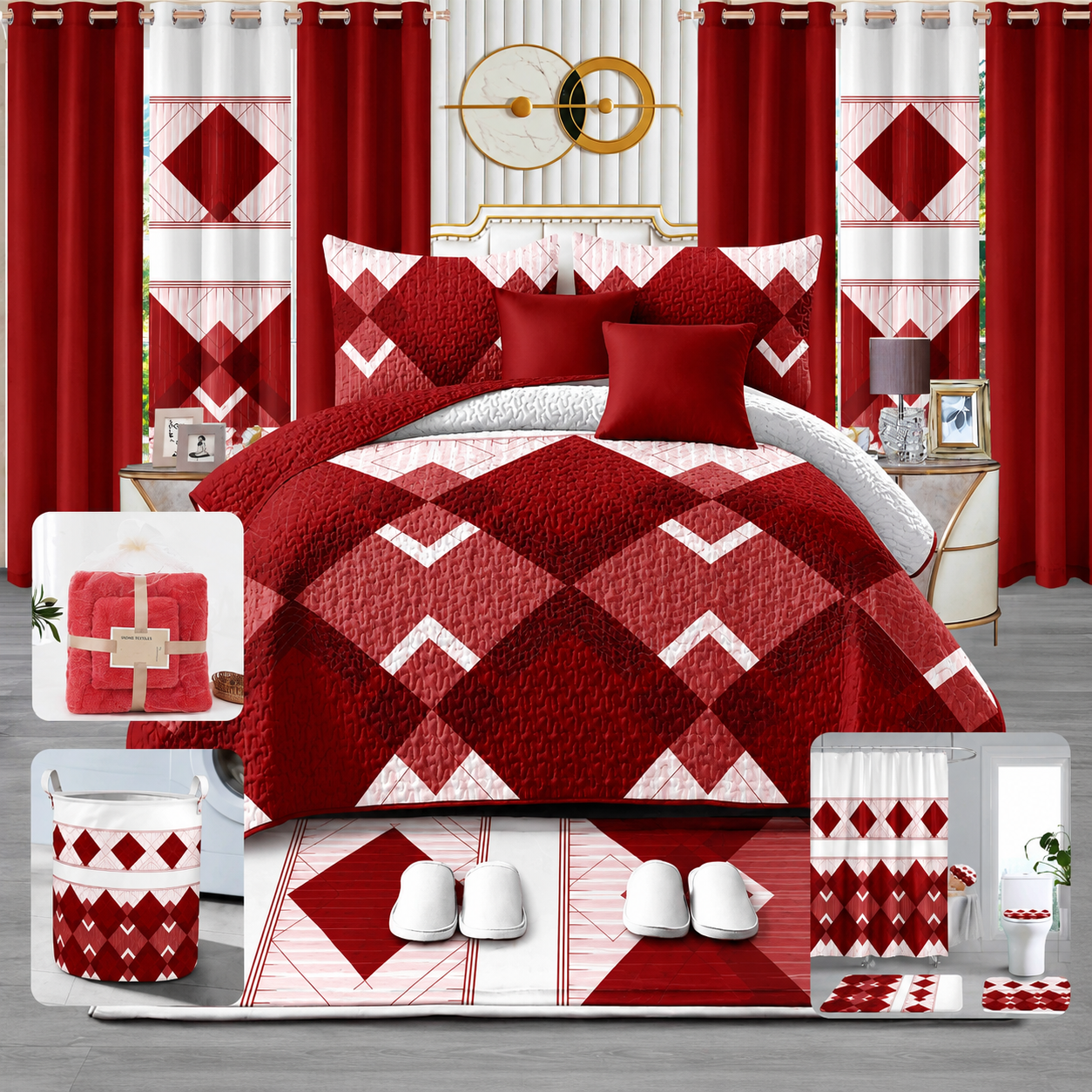 Ensemble de Literie de Luxe King 24 Pièces Rouge Motif Diamant avec Rideaux et Accessoires de Salle de Bain