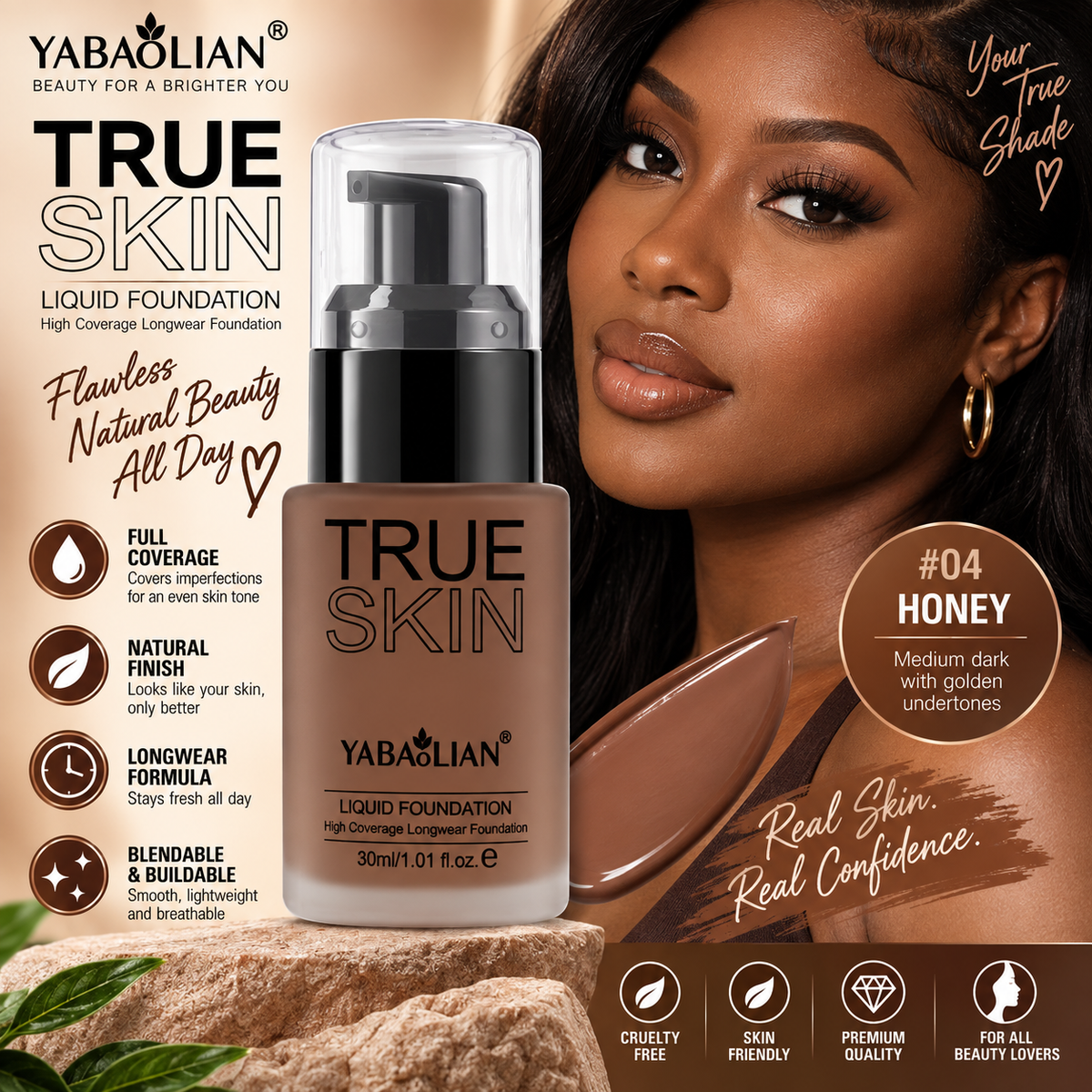 Yabaolian True Skin Liquid Foundation – Full Coverage Natural Finish Foundation Clessenza Beauty Store