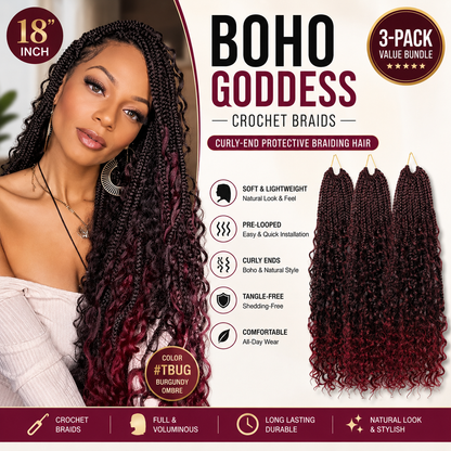 Boho Goddess Crochet Braids 18″ – Curly-End Protective Braiding Hair, Color #TBUG Burgundy Ombre | 3-Pack Value Bundle Clessenza Beauty Store