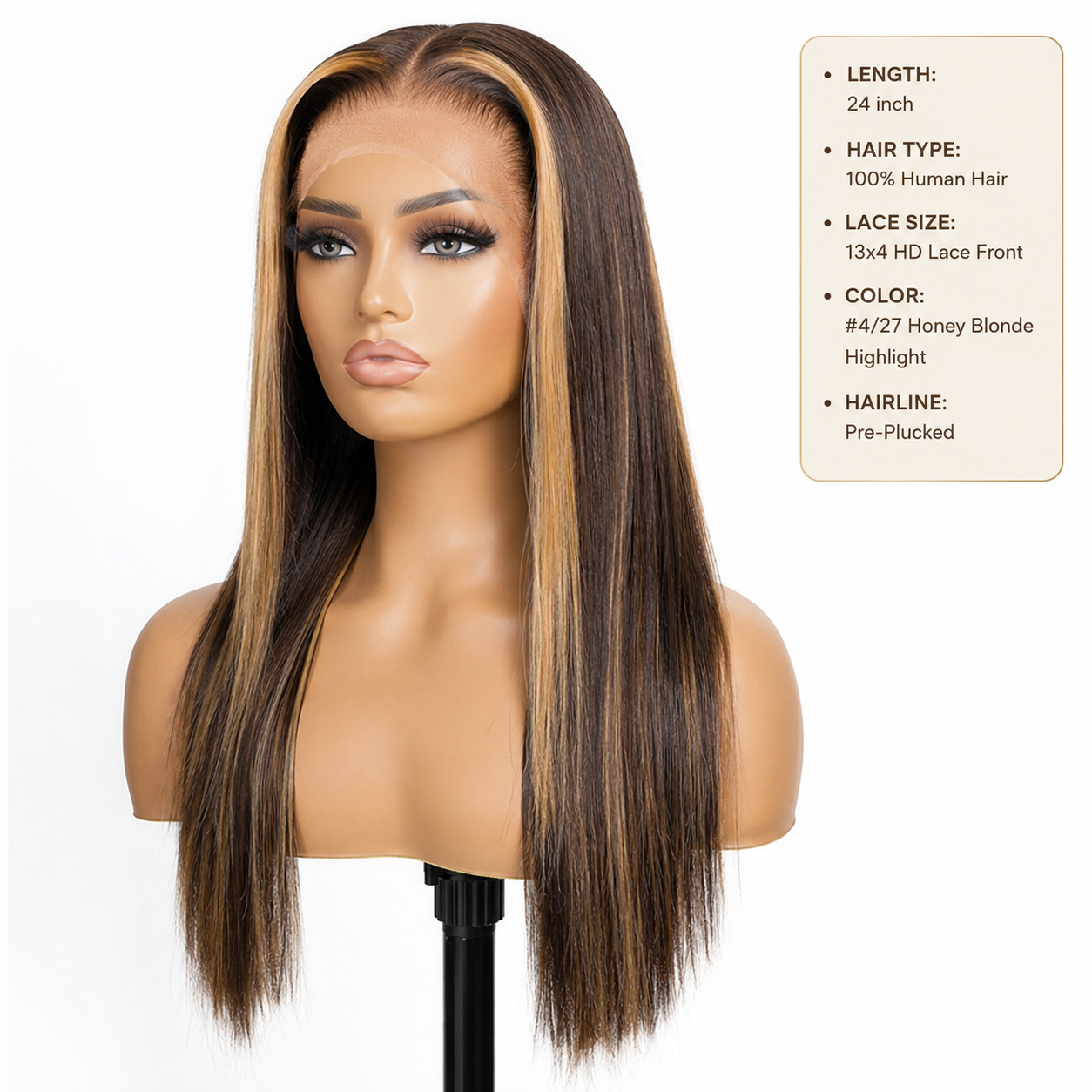 24″ Straight 13x4 HD Lace Front Human Hair Wig – #4/27 Honey Blonde Highlight, Pre-Plucked Clessenza Beauty Store