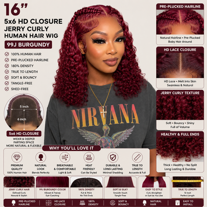 16″ 5x6 HD Closure Jerry Curly Human Hair Wig – 99J Burgundy, Pre-Plucked, 180% Density