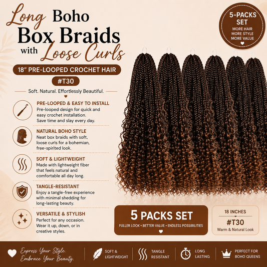 Long Boho Box Braids with Loose Curls – 18" Pre-Looped Crochet Hair, #T30 5-Packs Set